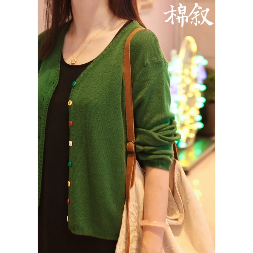 棉叙彩色扣V领薄款开衫女士宽松显瘦秋款针织衫外套15155