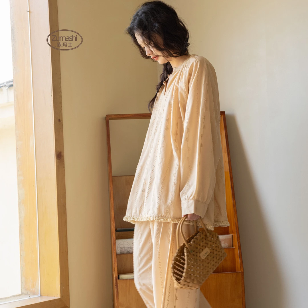 族玛士纯棉睡衣女士2025新款春秋季长袖刺绣复古可外穿家居服套装