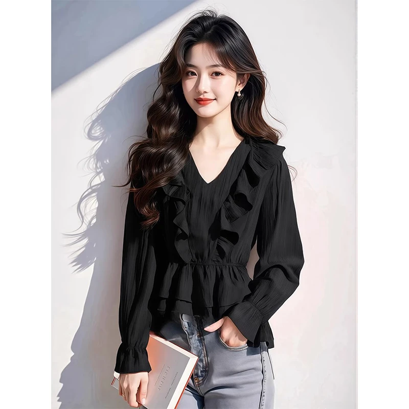 黑色雪纺衬衫春装女2025年新款爆款小衫独特超好看荷叶边v领上衣