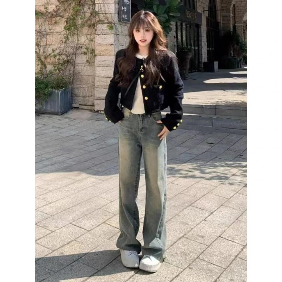 美式复古水洗做旧牛仔裤女秋冬加绒宽松遮肉显瘦阔腿裤高个子加长
