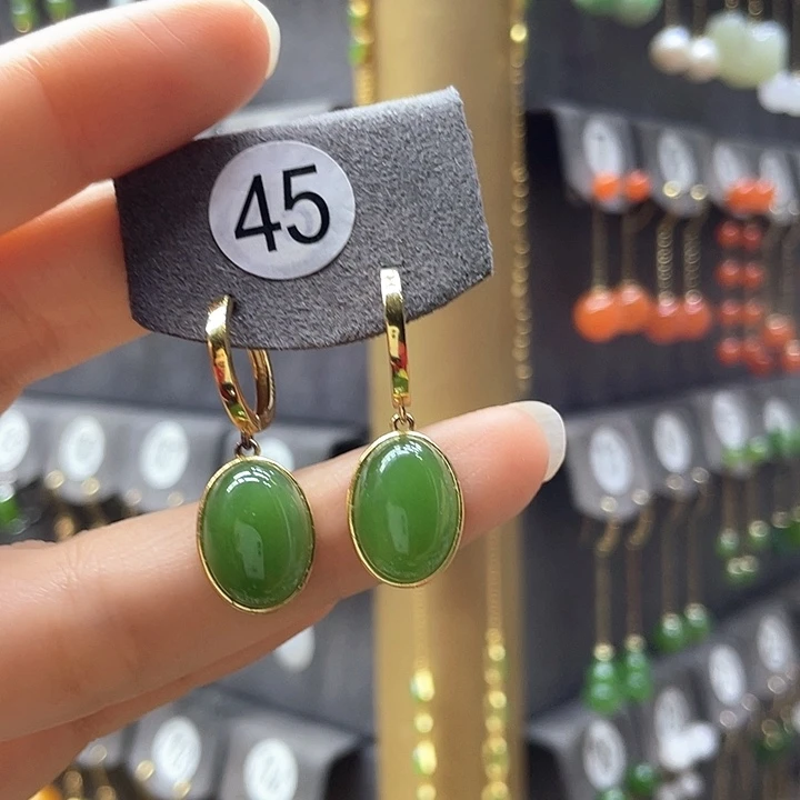 和田玉银S925镀金镶嵌耳饰