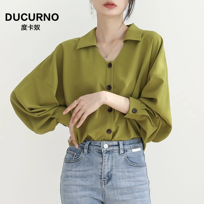 薄荷曼波风薄荷绿秋装长袖衬衫女装衬衣气质v领小衫薄款新款上衣