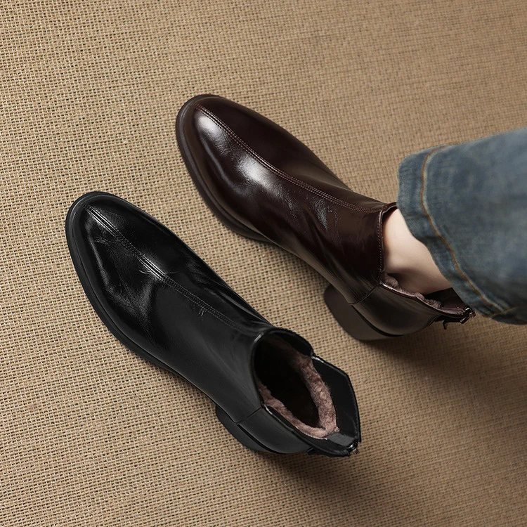 牛皮5.5cm～羊羔毛复古中跟短靴气质马丁靴新款冬季粗跟时装靴短筒