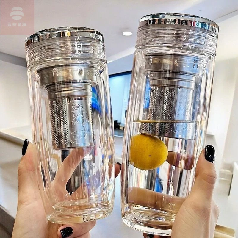 新款双层潮流鹅蛋玻璃杯加厚茶杯便携车载水杯隔热男女茶水分离