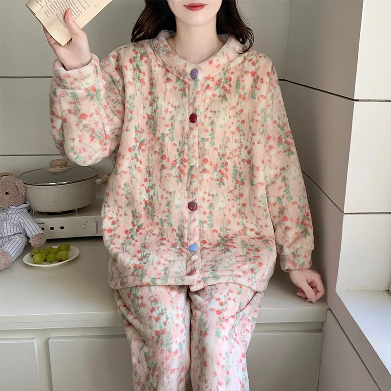 2025新款珊瑚绒睡衣女秋冬季甜美风女士开衫保暖套装法兰绒家居服