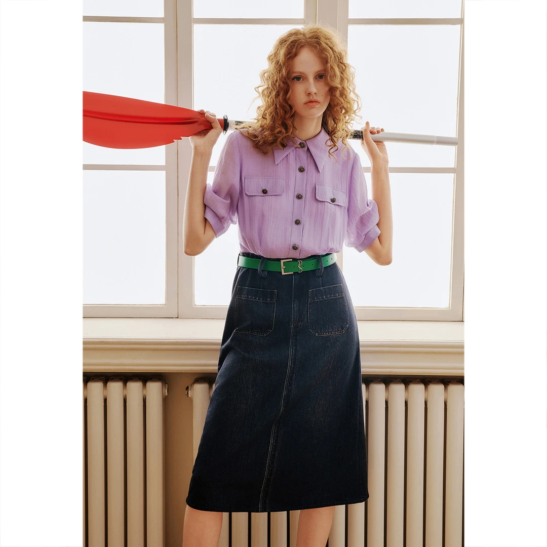 诗篇夏季学院复古衬衫拼接天丝百搭休闲假两件连衣裙6C34205570