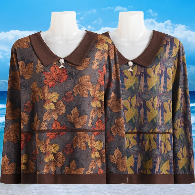 长袖妈妈秋衣针织印花简约通勤翻领T恤妈妈中老年娃娃领碎花宽松