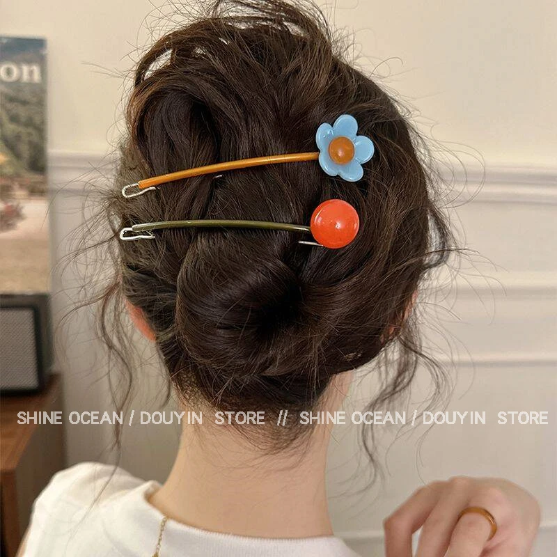 双海韩版清新撞色糖果色花朵一字夹高级感气质时尚可爱搭简约发卡