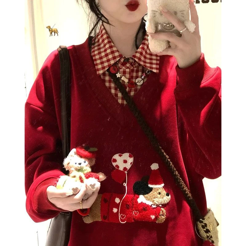 新年美式潮牌假两件红色蛇年卫衣女加绒加厚设计感秋冬季V领外套