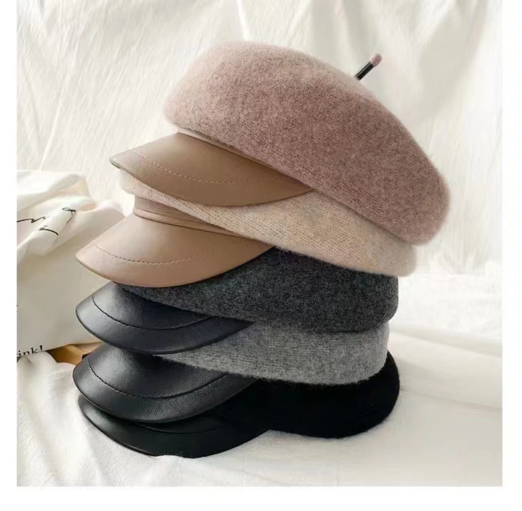 日系高级感PU皮帽檐八角帽子女秋冬款羊毛呢鸭舌帽复古百搭报童帽