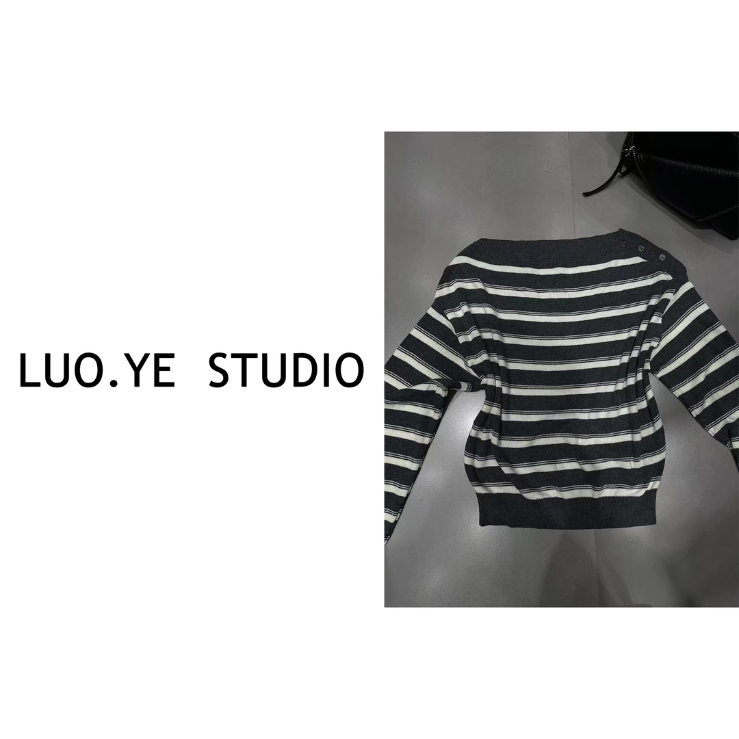 罗爷 · 【林间絮】欧货条纹一字肩纽扣羊毛上衣长袖T恤百搭休闲时尚
