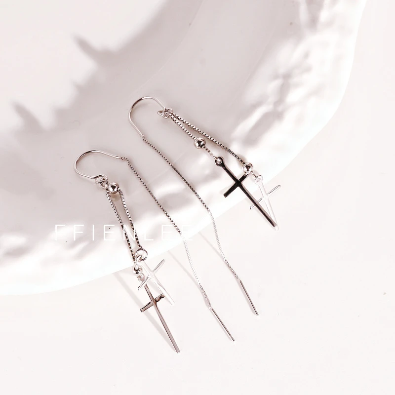 925银耳饰 <少女的祈祷>双层十字架流苏耳环挂耳式耳线女小众设计