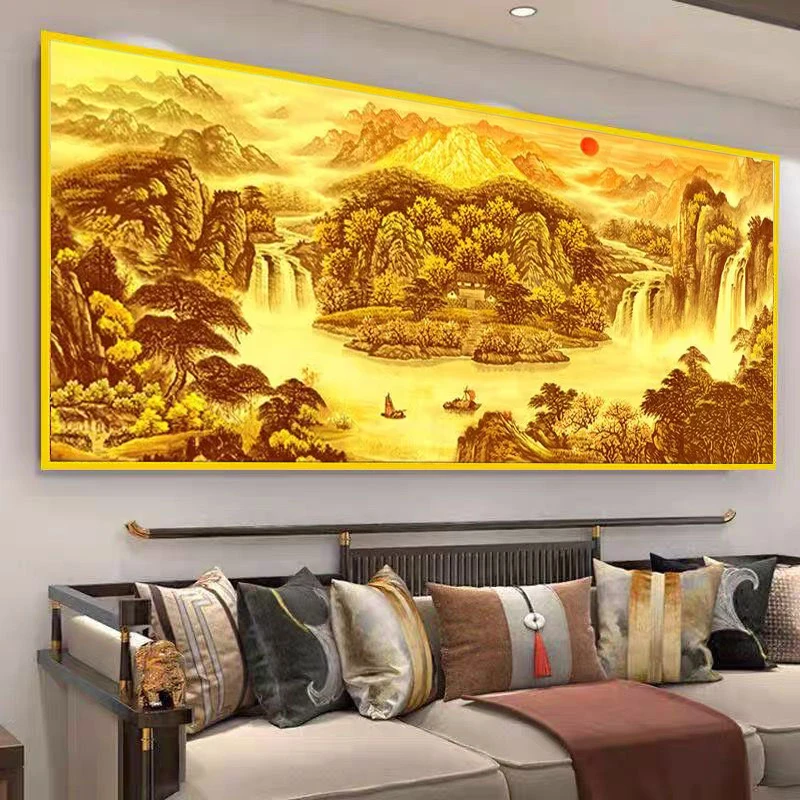 聚宝盆钻石画满钻客厅5D点钻十字绣2025新款钻石贴画风景背靠金山