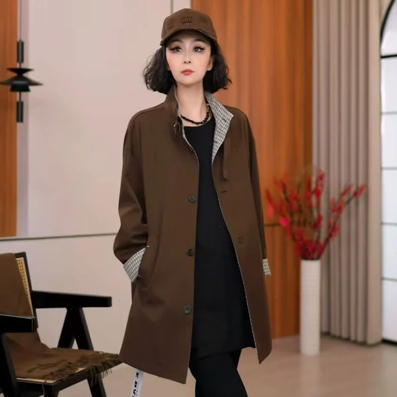 9208秋季新款2025宽松休闲立领拼格子外套女