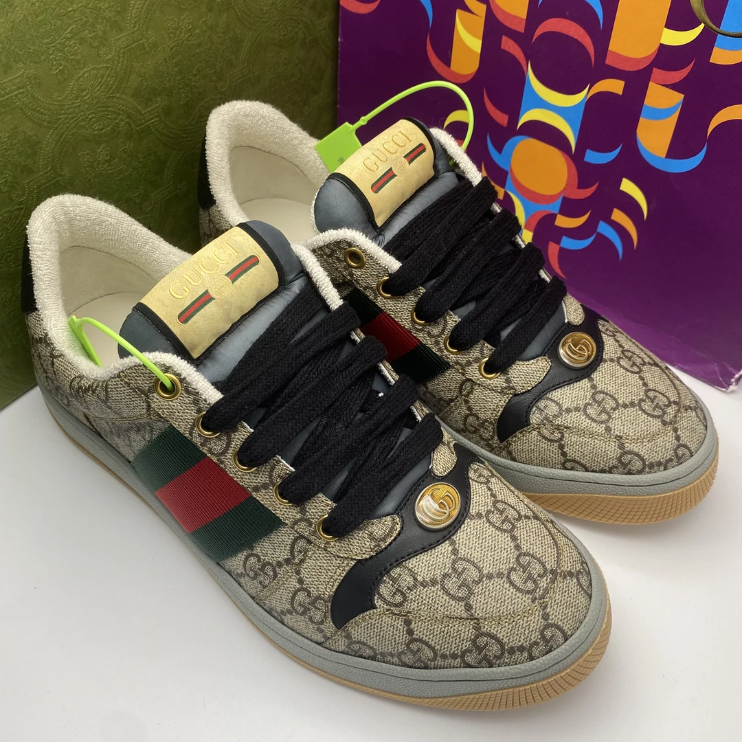 未使用 GUCCI/古驰 38.5欧码/复古老花乌木色时尚脏脏鞋/全套