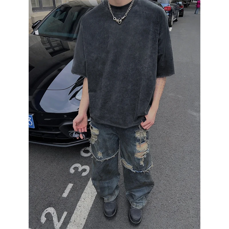 labzaa美式潮牌基础款纯色短袖T恤男夏季ins街头风百搭水洗灰上衣