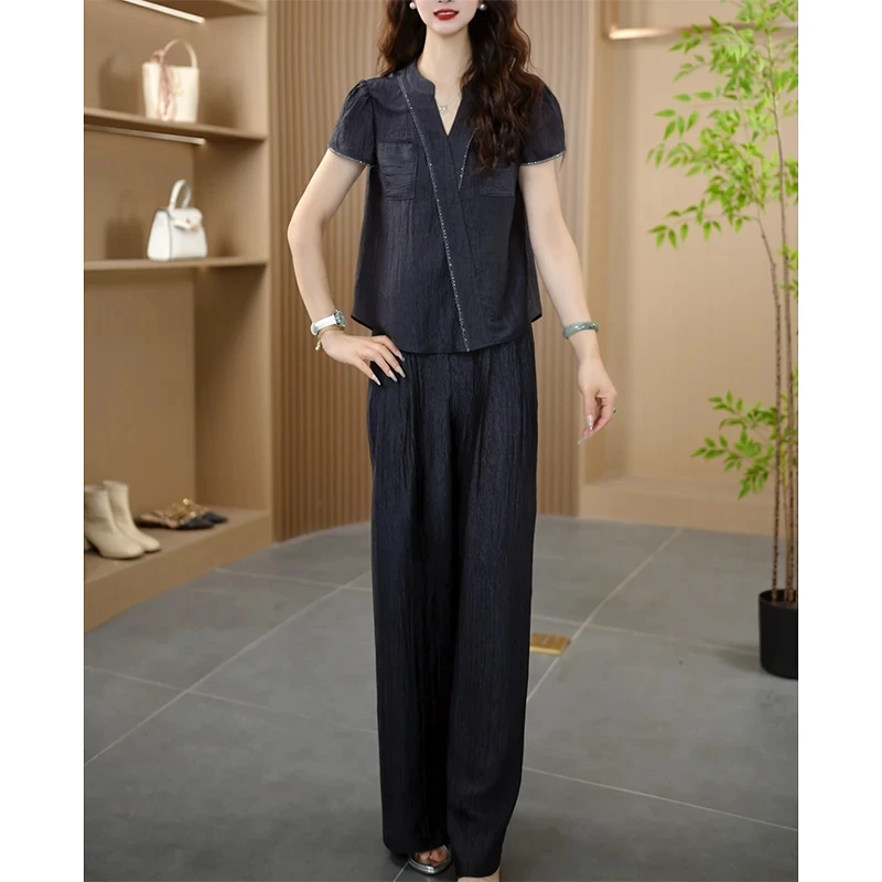 洋气衣服女2025夏季新款时尚气质显瘦修身收腰上衣阔腿裤法式套装