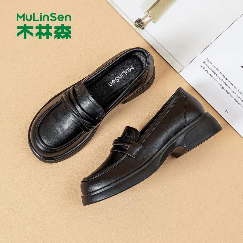 木林森女鞋皮鞋女2025新款春季透气真皮乐福鞋防滑增高皮面休闲鞋