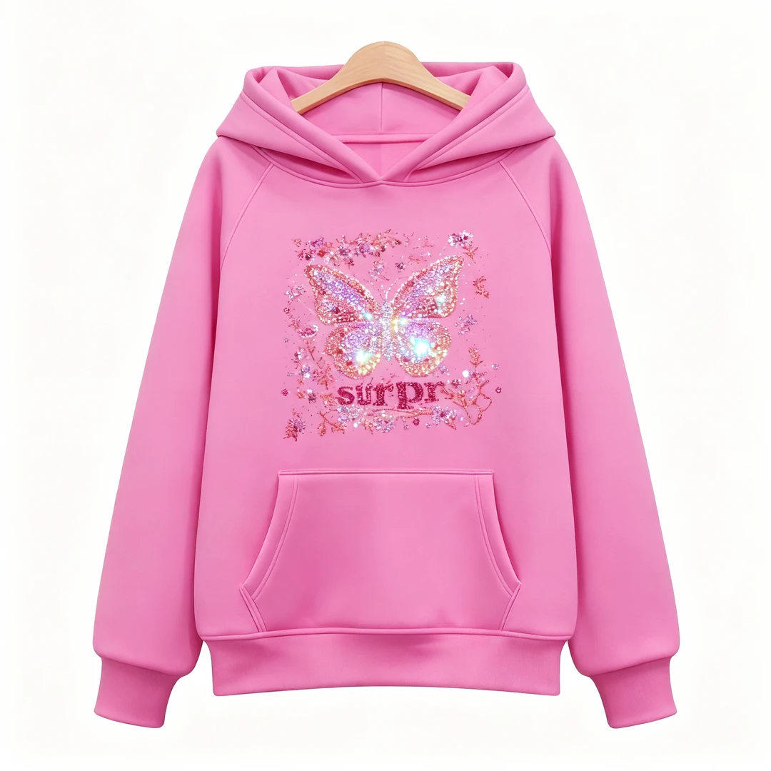 346加绒宽松版长袖连帽卫衣印花连帽衫秋冬【花153】2502玫粉