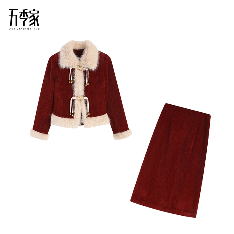 五季家大码显瘦秋冬时尚感毛绒边拼接上衣外套加厚长半裙ZL102265