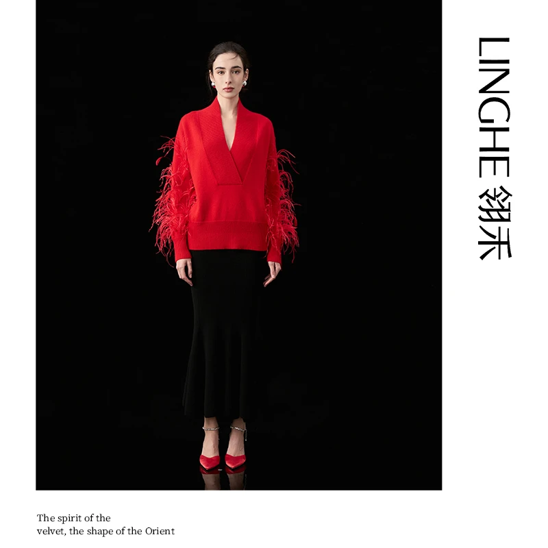 翎禾LINGHE「游羽仙歌 」-长袖V领秋冬针织套头衫山羊绒时尚设计师