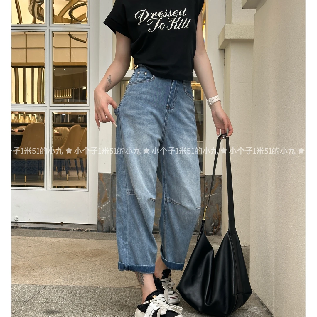 夏季薄款捏捏牛仔裤2025夏季高腰捏褶宽松老爹九分裤显瘦阔腿直筒