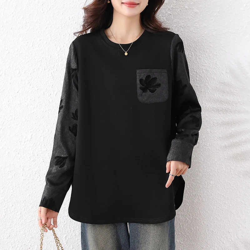 2025春装新款休闲拼接圆领卫衣女春秋外穿宽松遮肉显瘦大码上衣