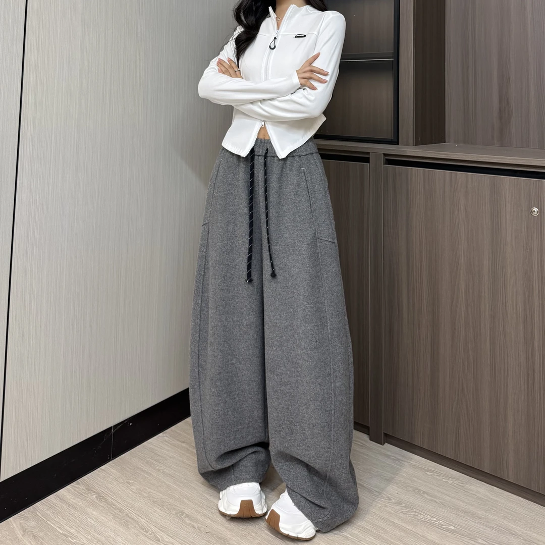 2025年秋冬加绒雪花羊绒松紧腰阔腿弯刀休闲裤
