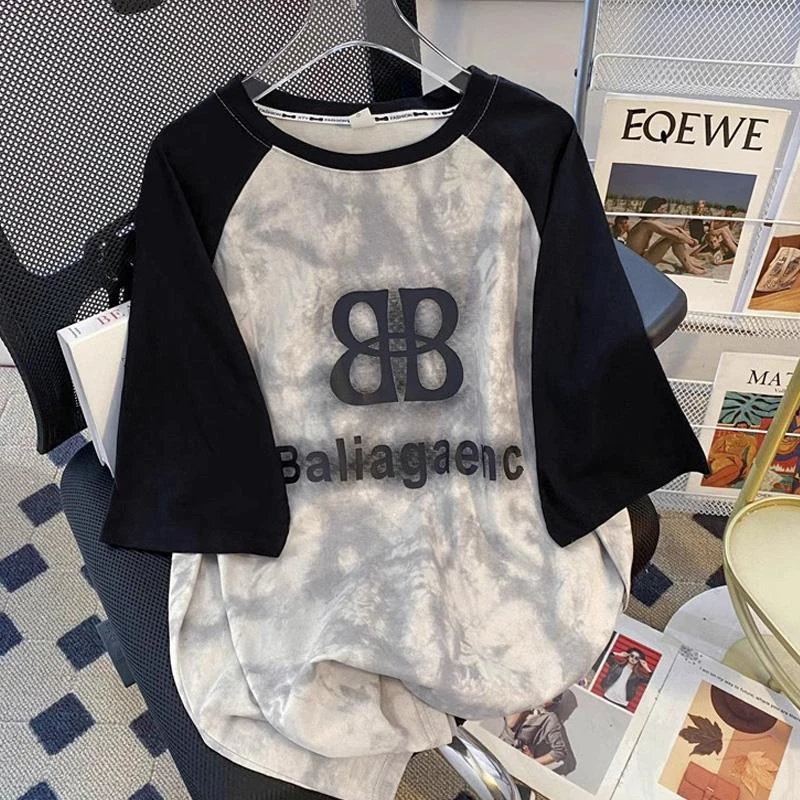 欧货夏装扎染插肩袖大版短袖T恤女宽松显瘦胖mm大码遮肚洋气上衣