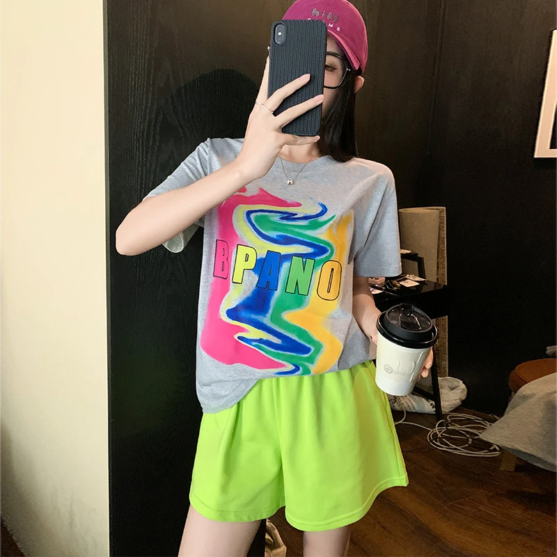 港风休闲运动套装女夏季宽松遮肚子显瘦时尚印花短袖T恤跑步短裤