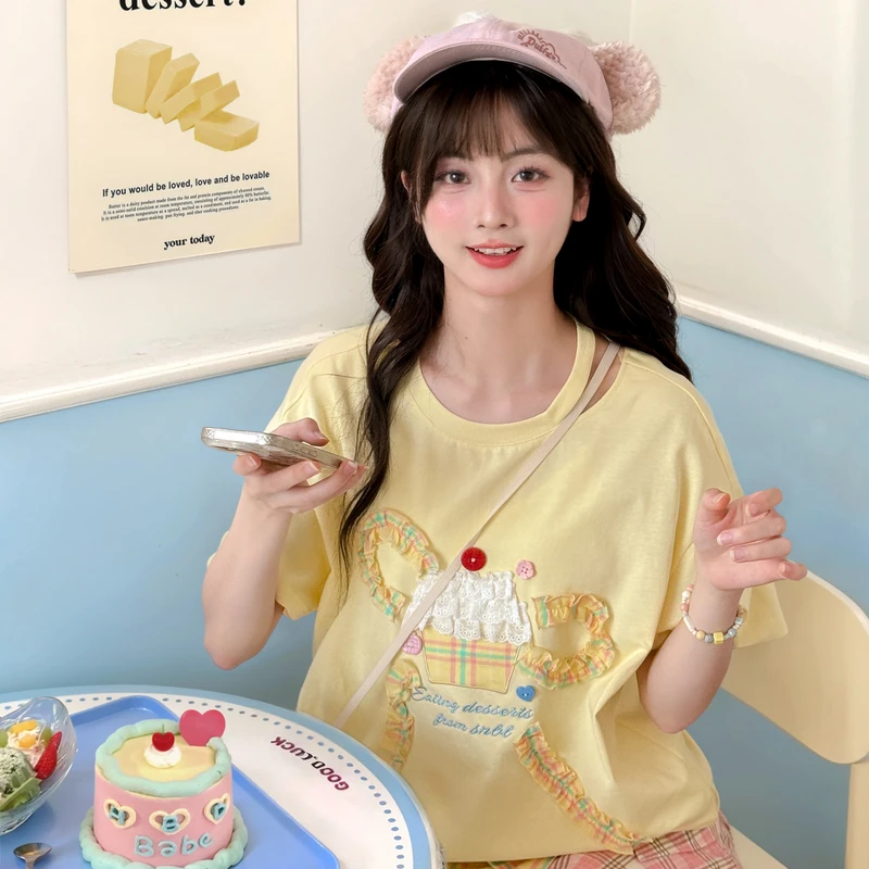 森女部落多巴胺甜美风设计感宽松纯棉短袖上衣T恤女百搭夏季新款