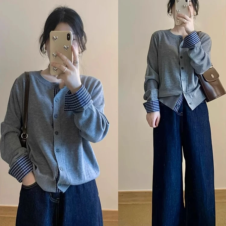 拉夏贝尔时尚拼接格子针织开衫女2025秋季新款别致显瘦高级感上衣