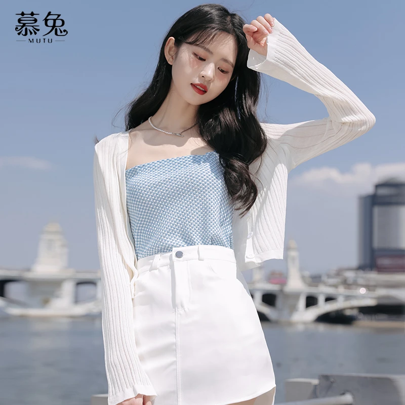 慕兔v领长袖针织开衫外套女2024夏季新款外穿防晒空调罩衫上衣薄