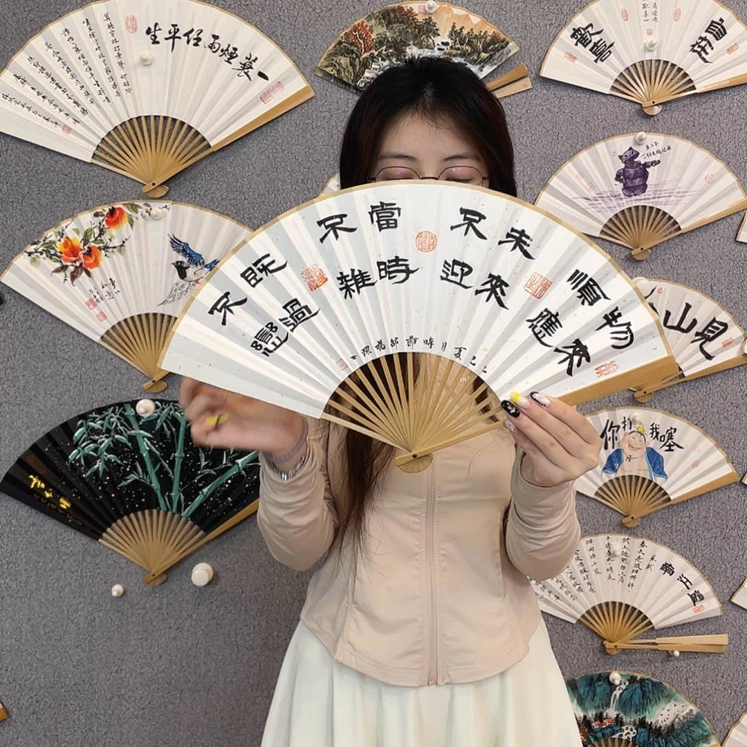 国画8寸玉竹-纯手绘-文玩扇骨（默认粘好）