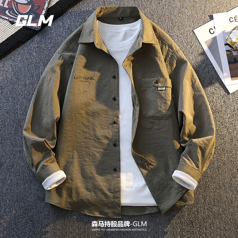 GLM长袖衬衫男春秋季潮流复古纯色百搭青年宽松休闲工装衬衣外套