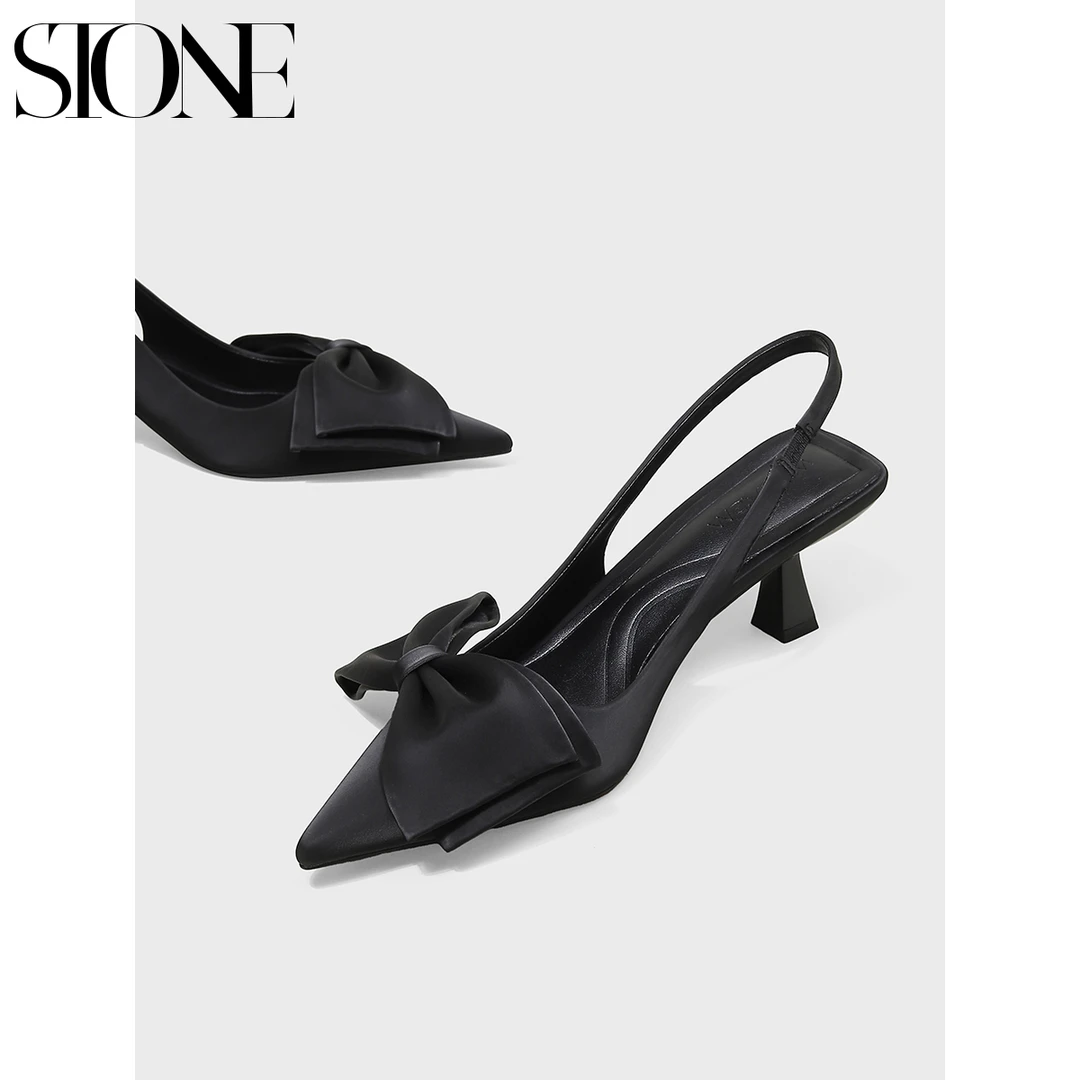 石头家2025新款蝴蝶结尖头包头凉鞋女高级感黑色气质细跟高跟单鞋