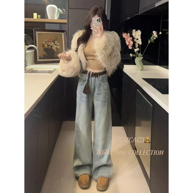 【万人迷】加厚宽松阔腿直筒牛仔裤  带腰带 加绒