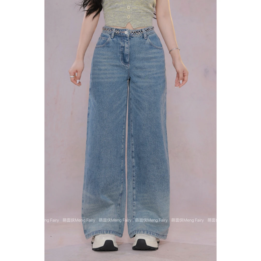 现货萌面侠【蓝调阔裤】76.4%棉小香编织腰绳高腰阔腿牛仔裤5689