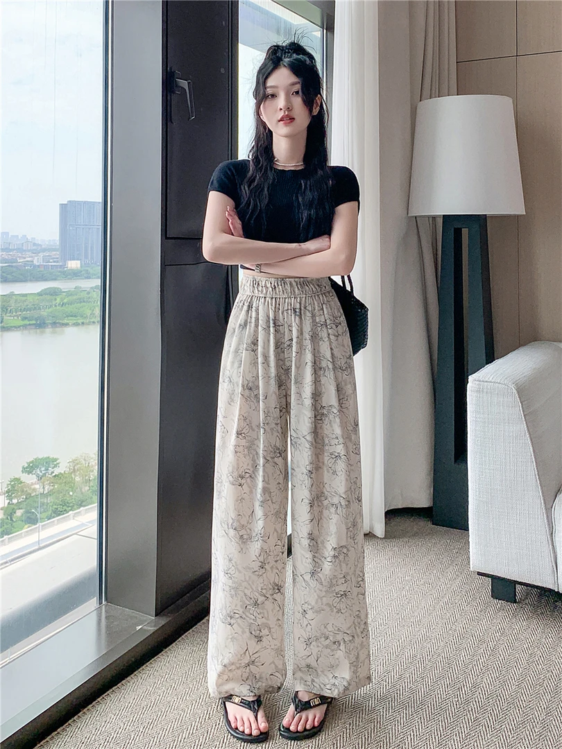 2025水墨雪纺阔腿裤女夏季新款高级感扎染国风休闲防蚊防晒裤