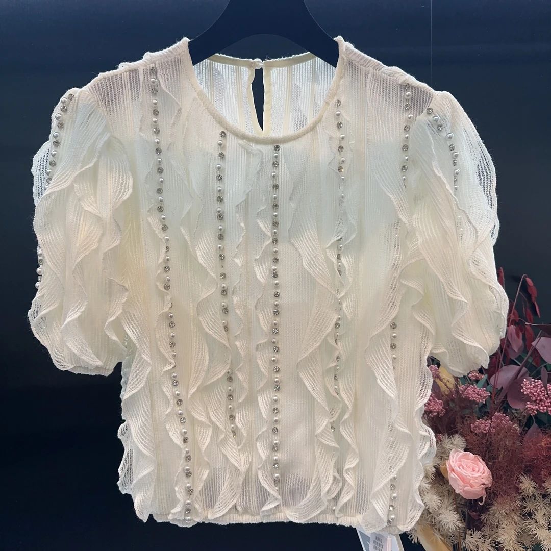 《高端定制》设计师款重工百褶珍珠钻系列上衣