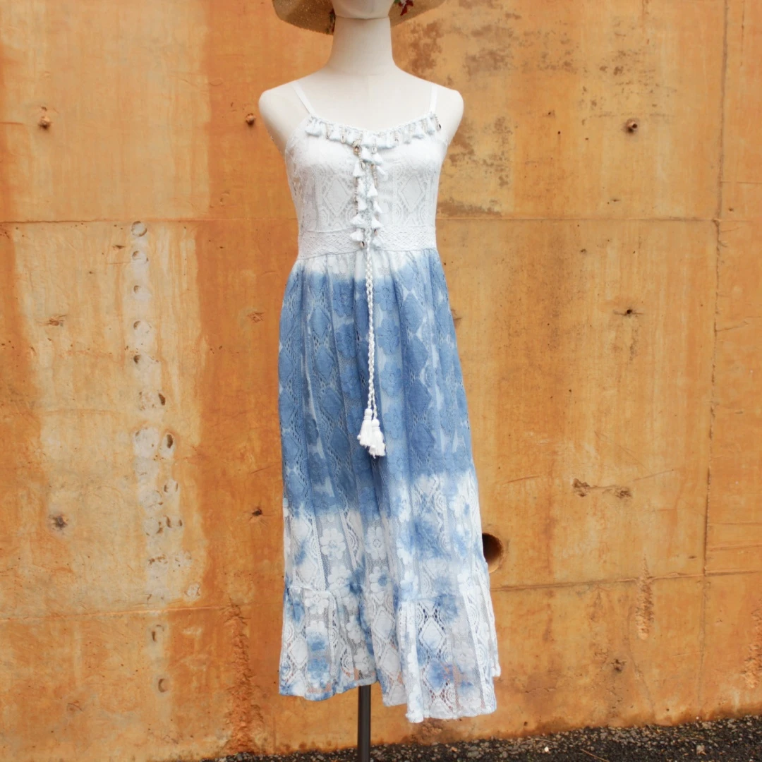 大理扎染气质夏季国风连衣裙民族风蓝色褶皱女生旅游甜美新吊带裙