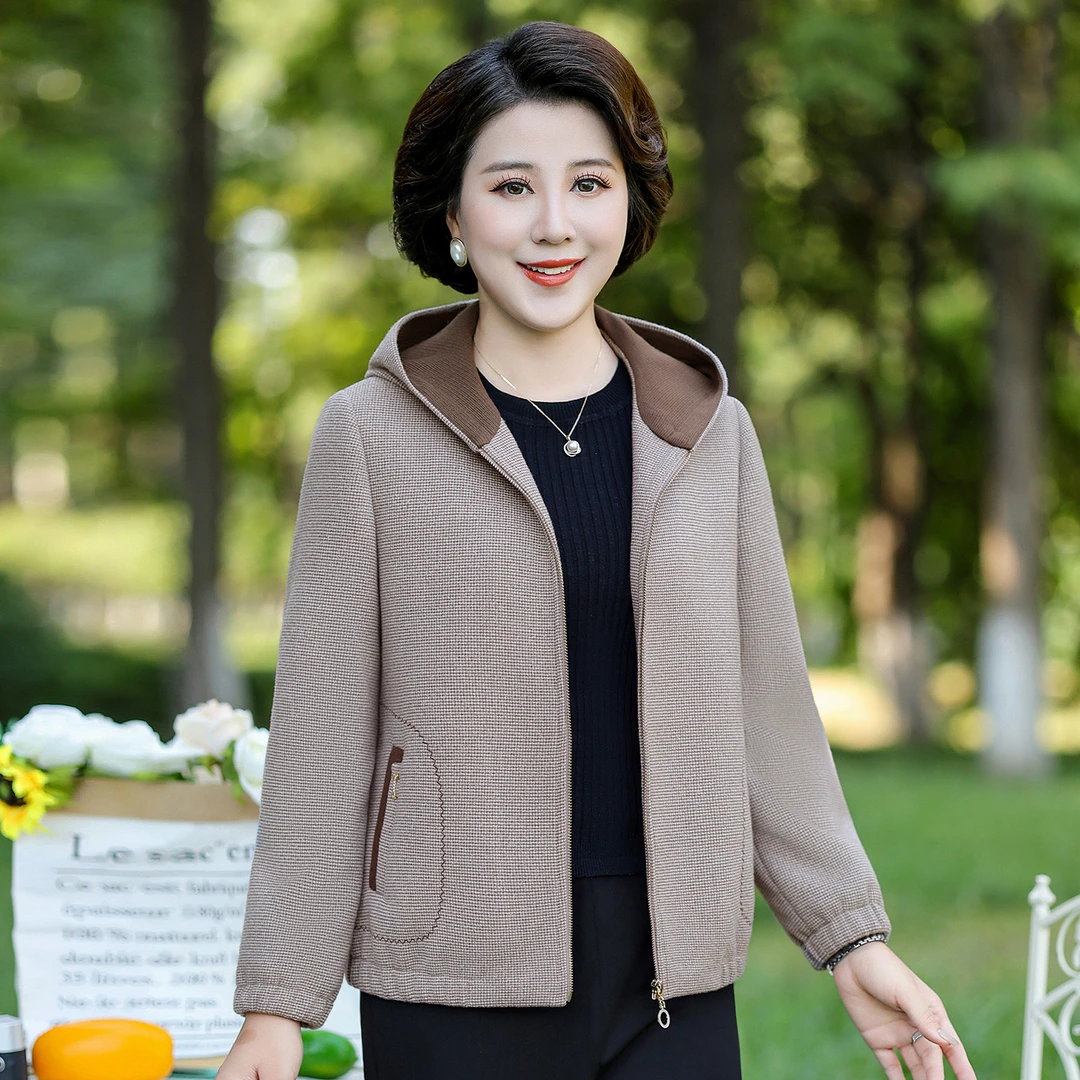 美学家中老年妈妈秋装洋气新款时尚连帽休闲短款女装外套C26013B
