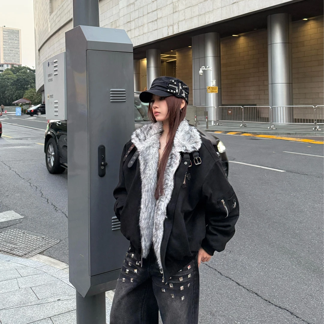 HottieDiary 毛领拼接座山雕棉服外套加绒加厚夹克街头百搭