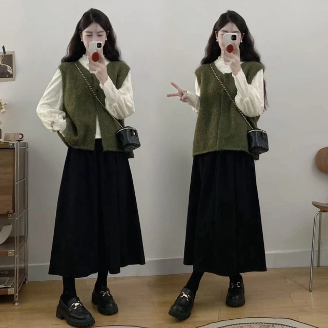 小香风套装春秋2025大码微胖mm高级感针织马甲打底衫半身裙三件