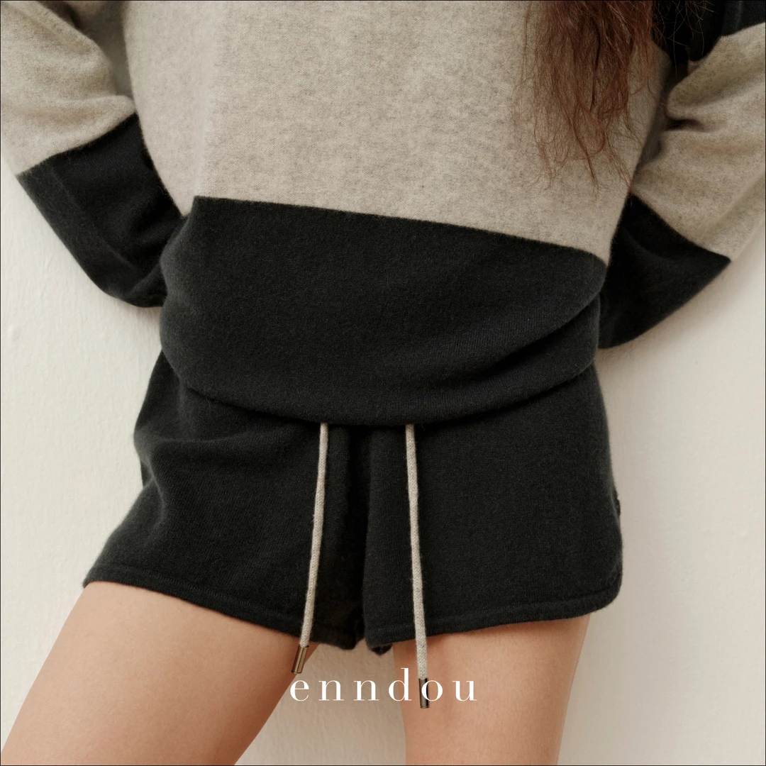enndou 100%羊绒高腰针织短裤秋装新款原创显瘦直筒裤针织休闲裤