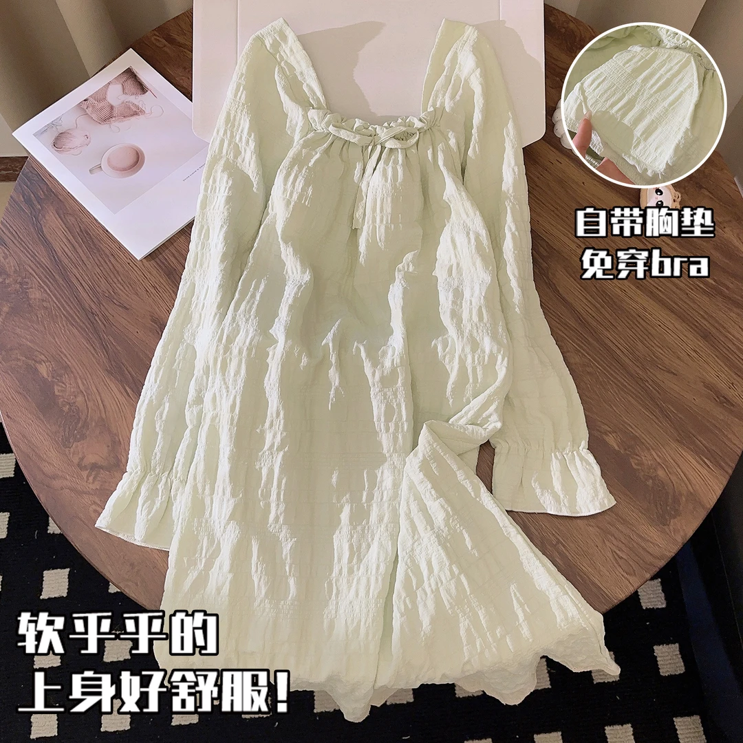 睡裙女士带胸垫春秋款甜美小清新绿色公主风睡衣薄款可外穿家居服