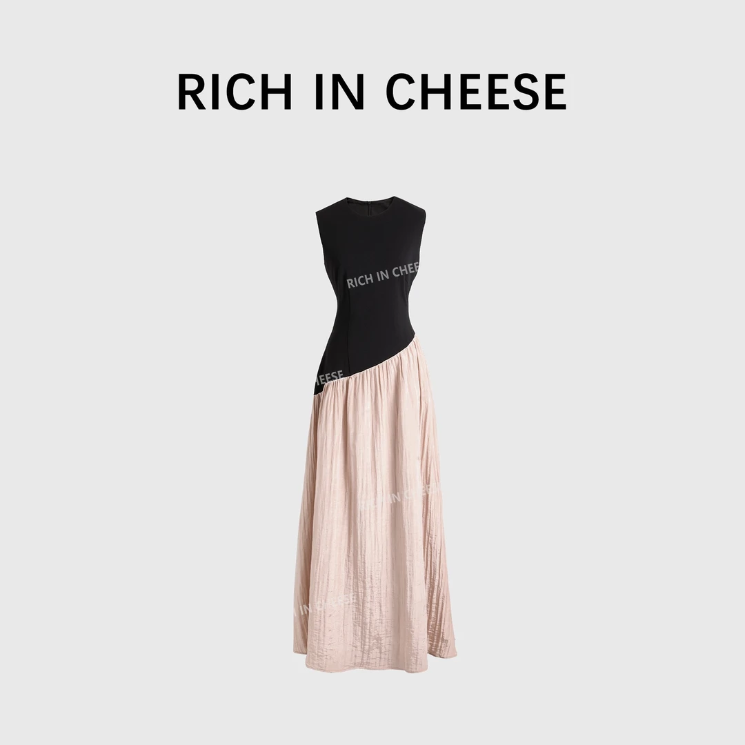 舒胡蕾 灰粉格调 高定千金气质风黑粉撞色拼接连衣裙时尚无袖长裙