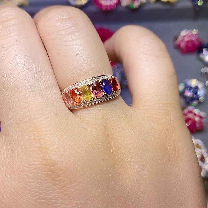 彩色蓝宝石戒指银S925镶嵌