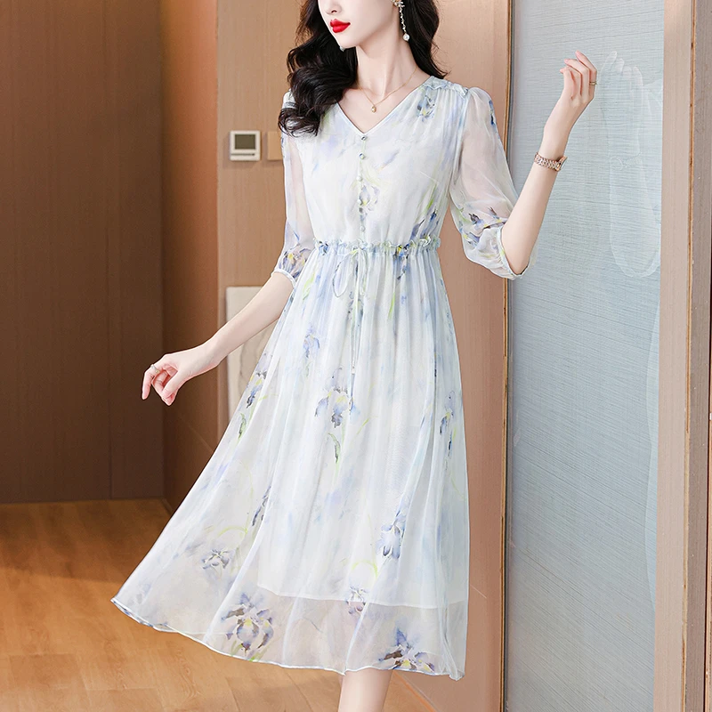 涟画运费补贴（国色天香）夏蚕丝V领2025年扎染显瘦高腰气质连衣裙