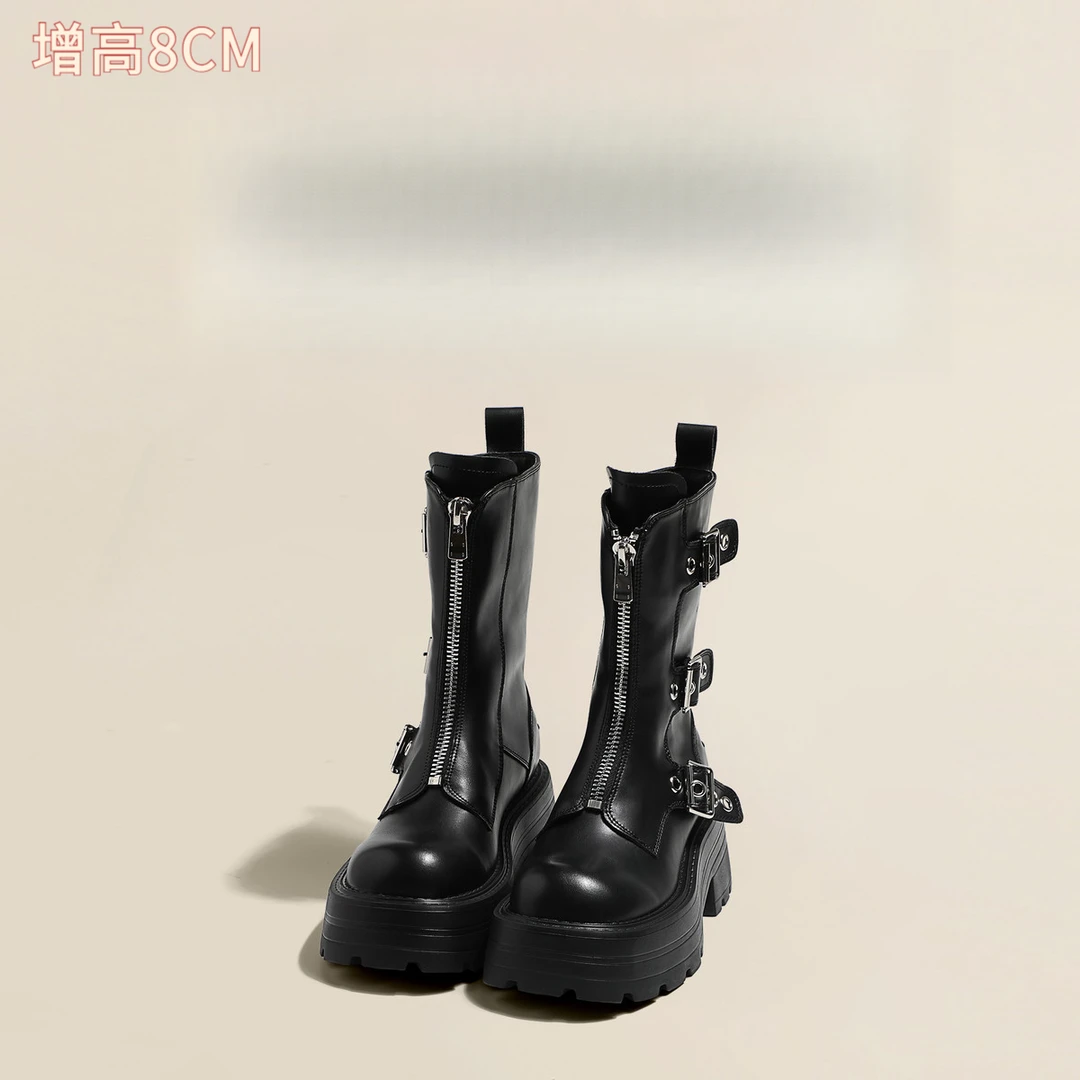 Misdanny四季款机车厚底马丁靴子女2025增高骑士中筒单靴英伦短靴